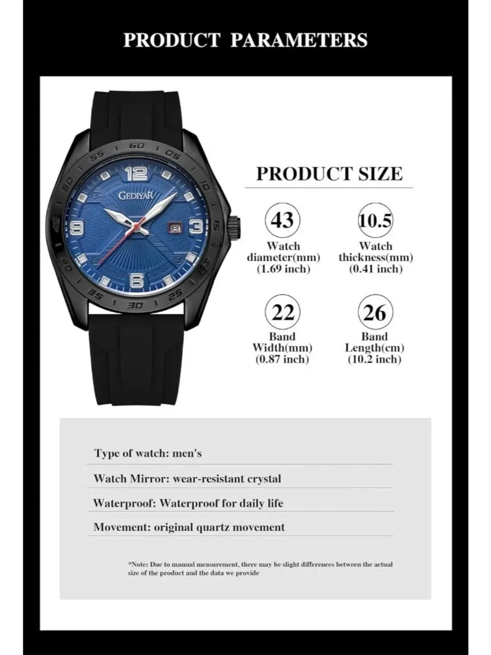 Men's Black And Blue Analog Quartz Stylish Waterproof Silicone Band Wrist Watch